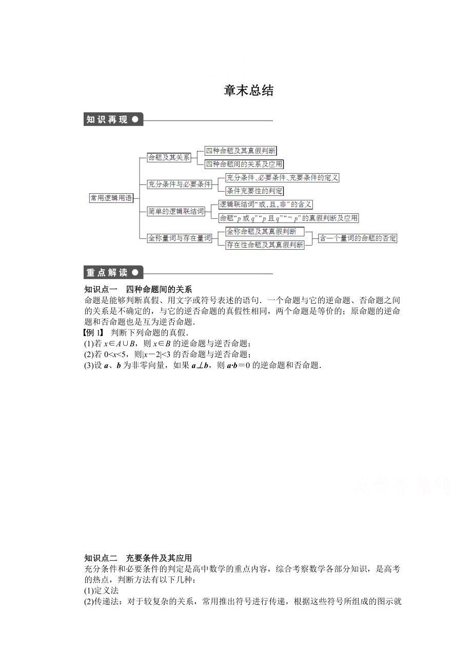 精校版苏教版数学选修21：第1章 常用逻辑用语 第1章章末总结 课时作业含答案_第1页