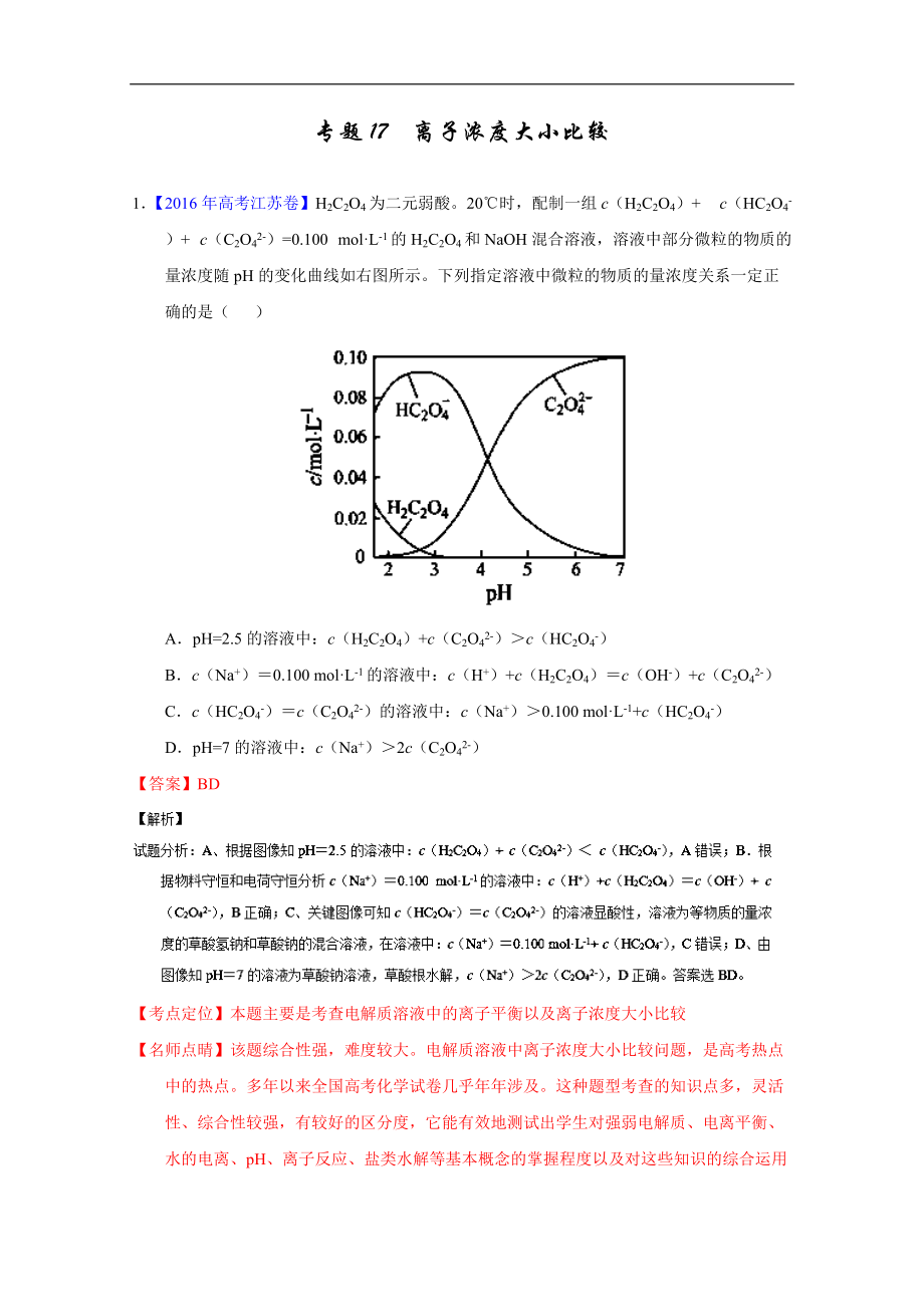 三年高考（2014-2016）化學試題分項版解析——專題17 離子濃度大小比較 Word版含解析_第1頁