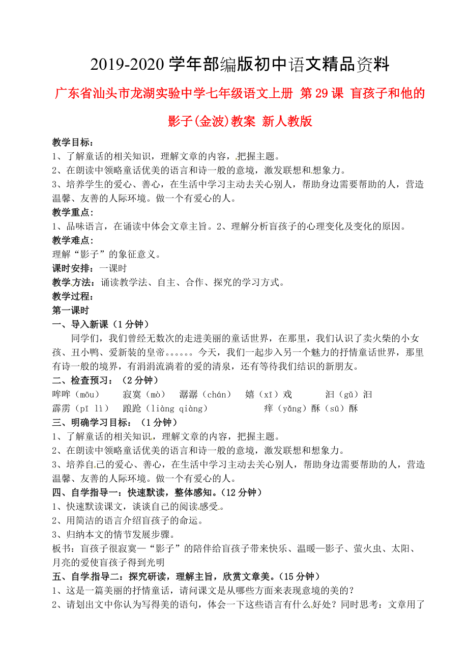 2020廣東省汕頭市七年級(jí)語(yǔ)文上冊(cè) 第29課 盲孩子和他的影子教案 人教版_第1頁(yè)