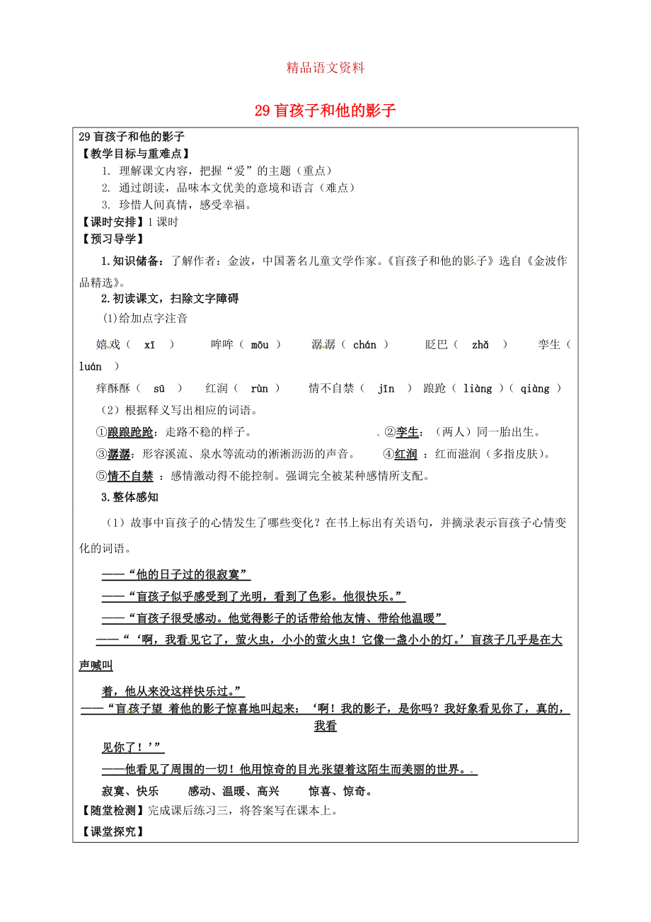 福建省厦门市第五中学七年级语文上册 第29课盲孩子和他的影子教学案 人教版_第1页