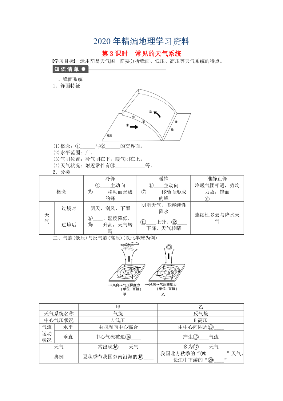 2020年高中地理 第二單元 第2節(jié) 第3課時 常見的天氣系統(tǒng)課時作業(yè) 魯教版必修1_第1頁