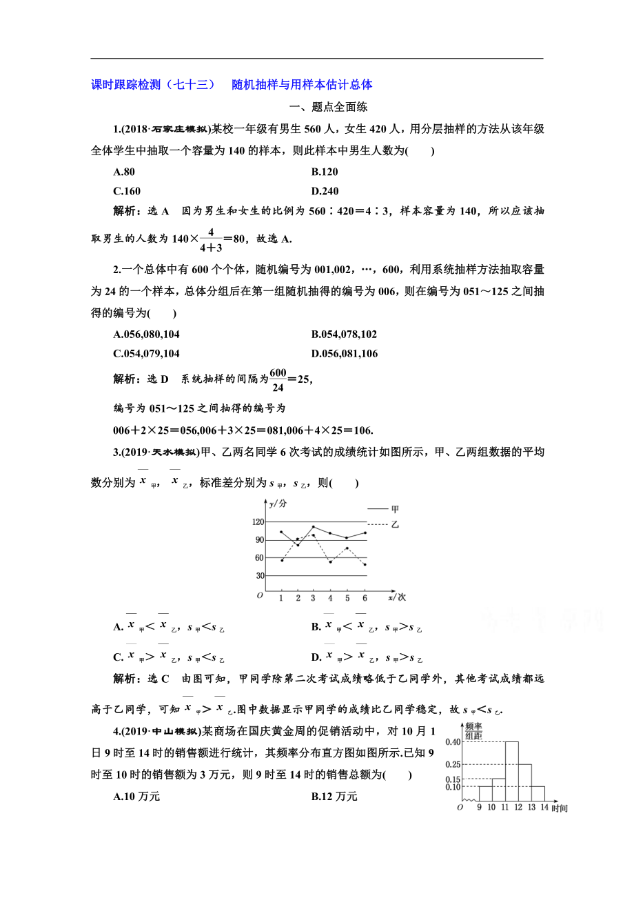 2020版高考理科數(shù)學人教版一輪復習課時跟蹤檢測：七十三 隨機抽樣與用樣本估計總體 Word版含解析_第1頁