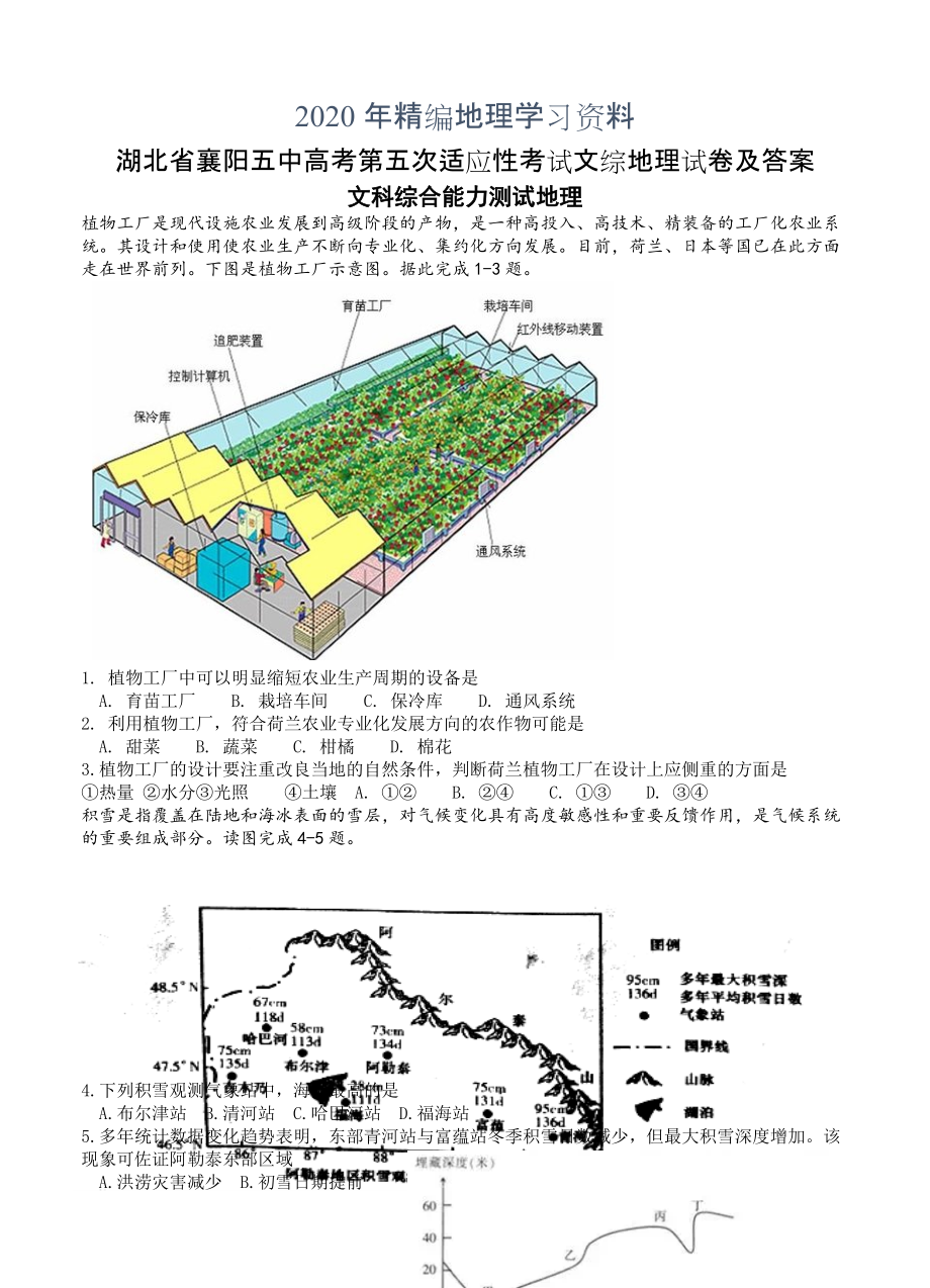 2020年湖北省襄阳五中高考第五次适应性考试文综地理试卷及答案_第1页