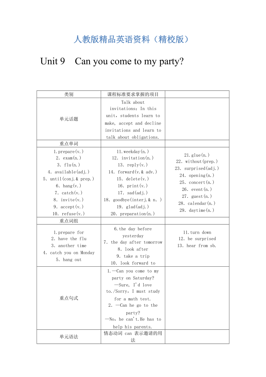 【精校版】人教版八年級英語上冊Unit9 Can you come to my party教案_第1頁