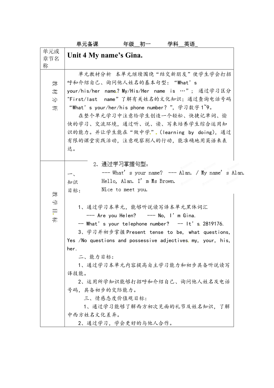 【魯教版】英語六年級上冊：Unit 4My name’s is Gina全單元備課教案_第1頁