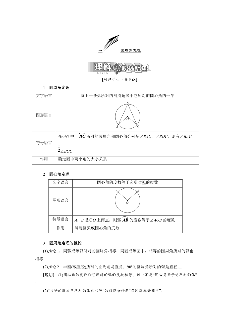 高中數(shù)學(xué)人教A版選修41教學(xué)案：第二講 一 圓周角定理 Word版含答案_第1頁