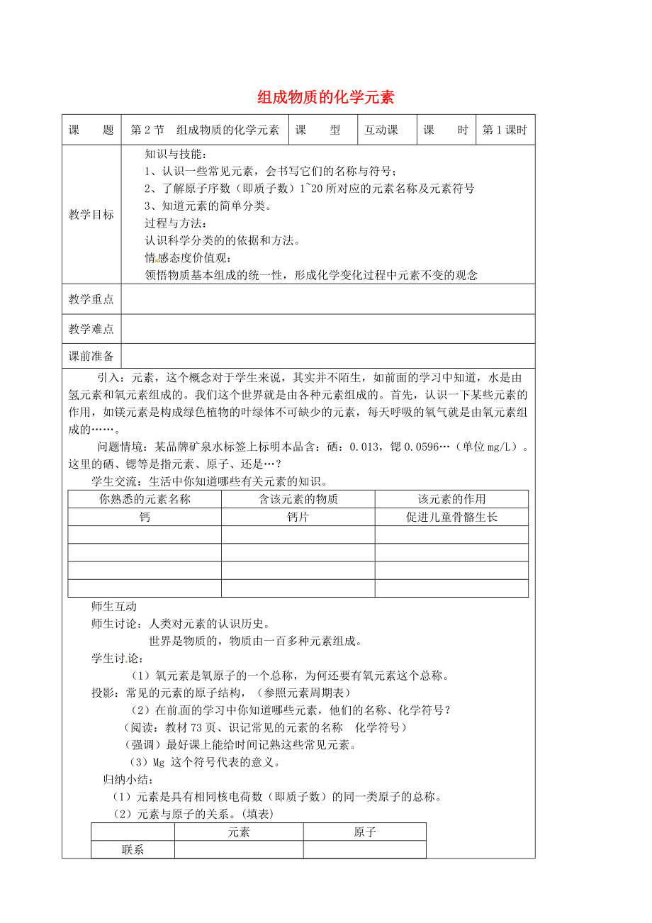 精修版九年級(jí)化學(xué)上冊(cè) 3.2 組成物質(zhì)的化學(xué)元素教案 滬教版_第1頁(yè)