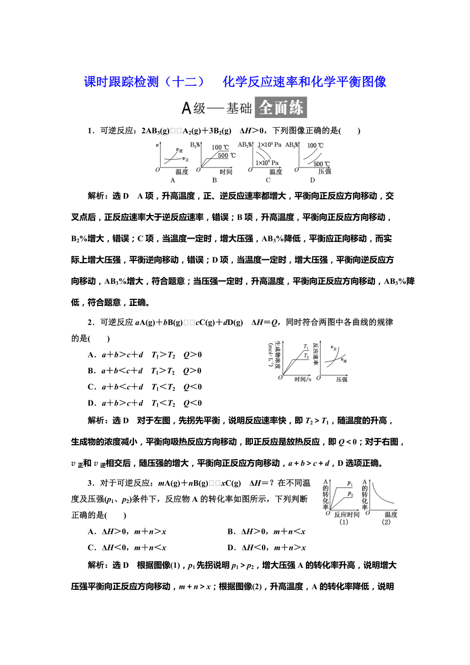 精修版高中化學(xué)魯科版選修4：課時(shí)跟蹤檢測(cè)十二 化學(xué)反應(yīng)速率和化學(xué)平衡圖像 Word版含解析_第1頁