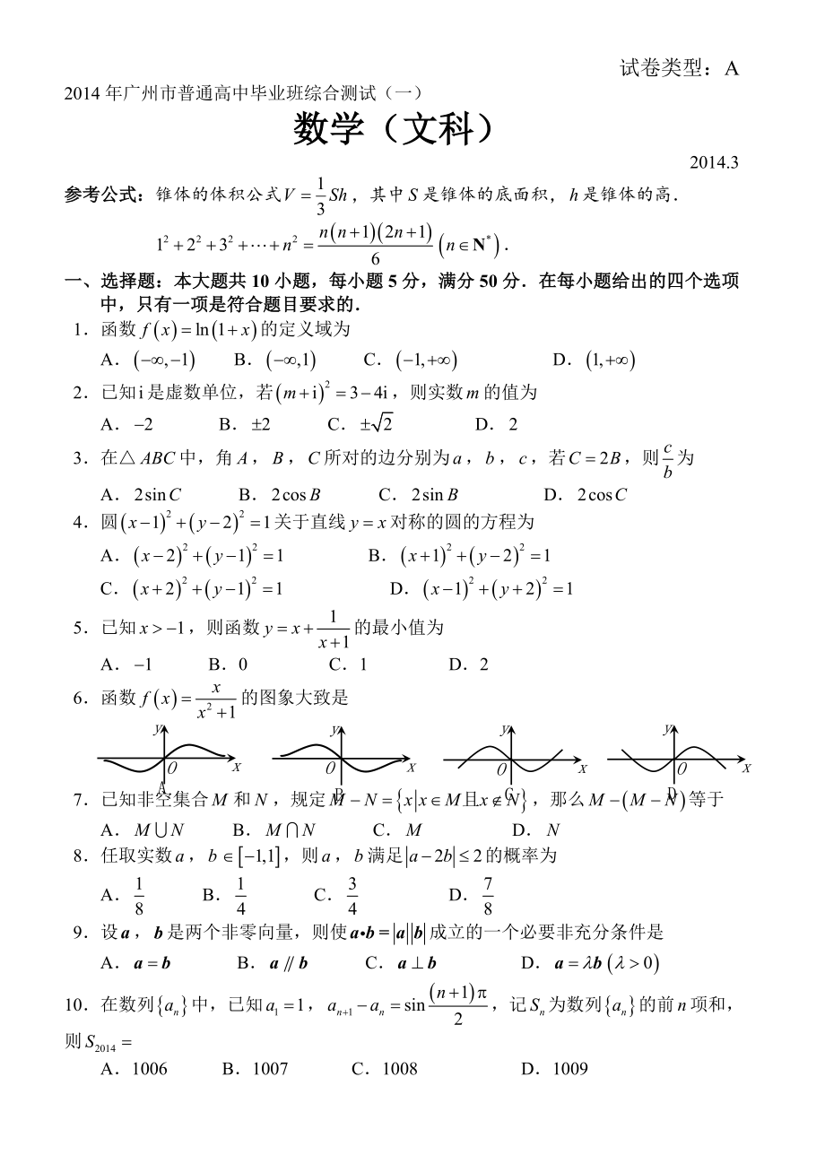 2014年广州市一模（文科数学）_第1页