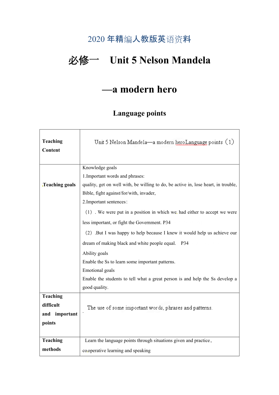 年高中英語(yǔ)人教版必修1教案： unit 5 Nelson Mandelaa modern hero Language points 教案 系列二 Word版_第1頁(yè)