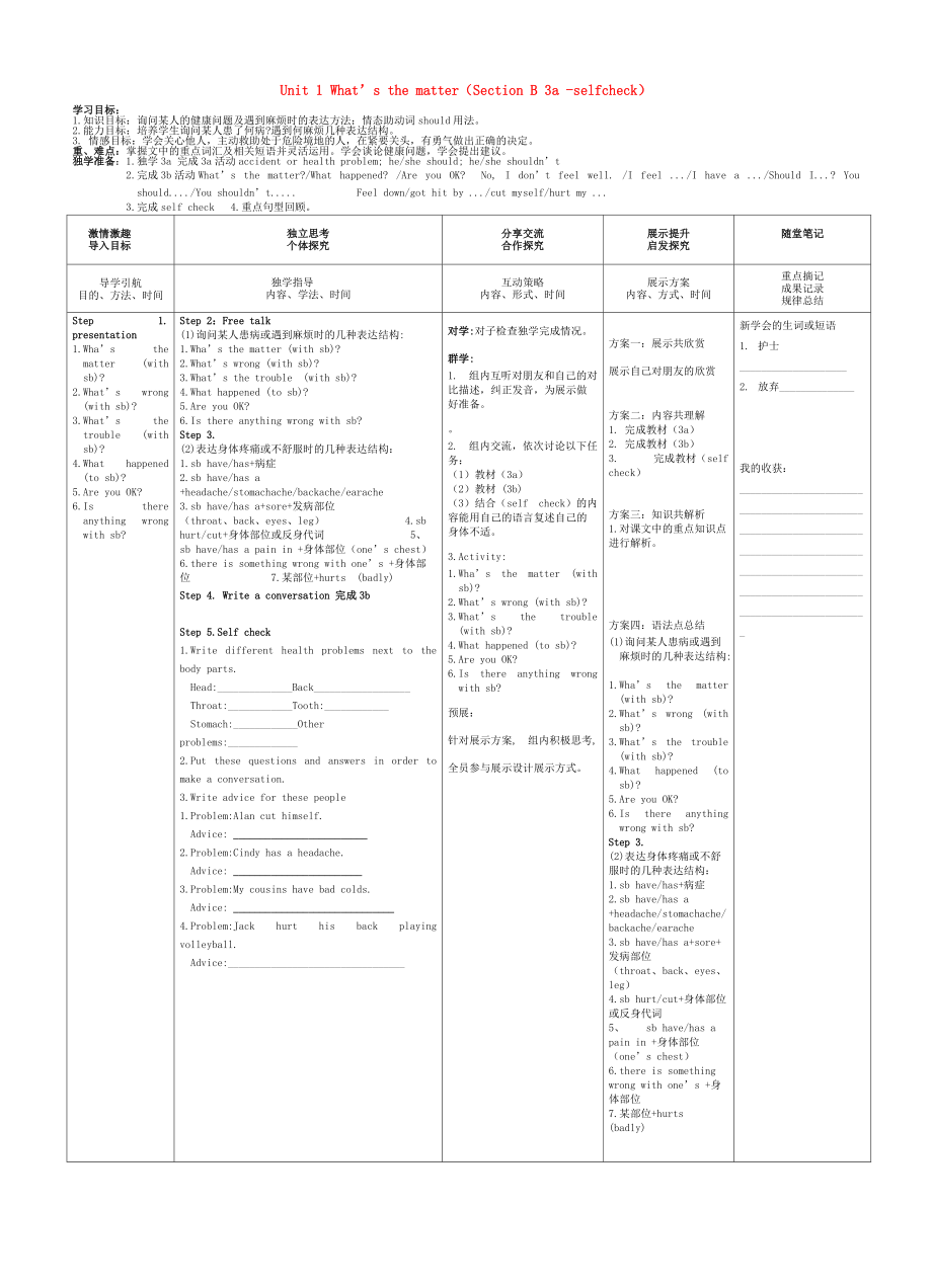 人教版八年級英語下冊 Unit 1 What’s the matterSection B 3a selfcheck導(dǎo)學(xué)案_第1頁