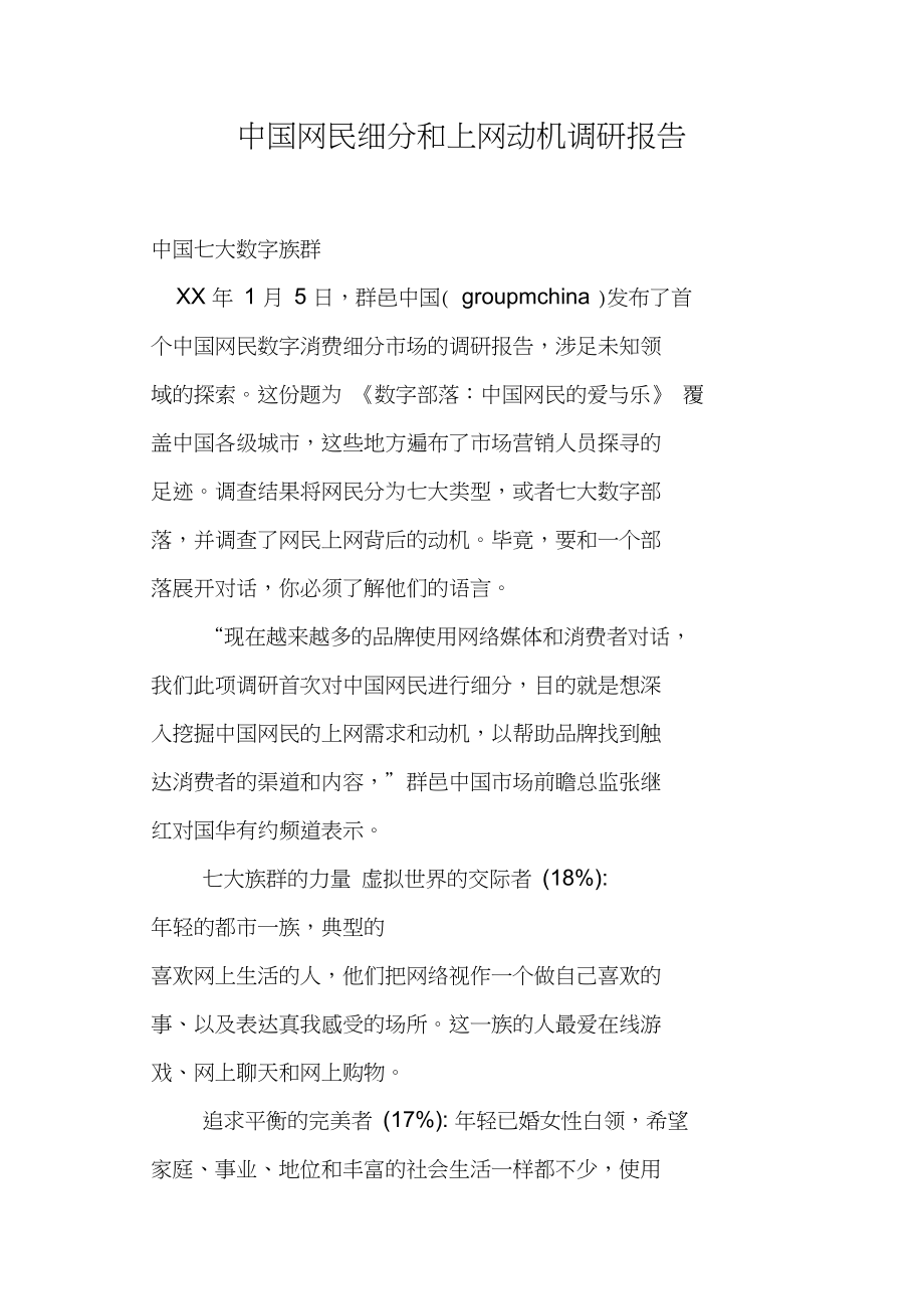 中国网民细分和上网动机调研报告_第1页
