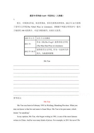 人教版高中英語必修一 Unit5書面表達人物篇 題型專項突破 Word版含答案