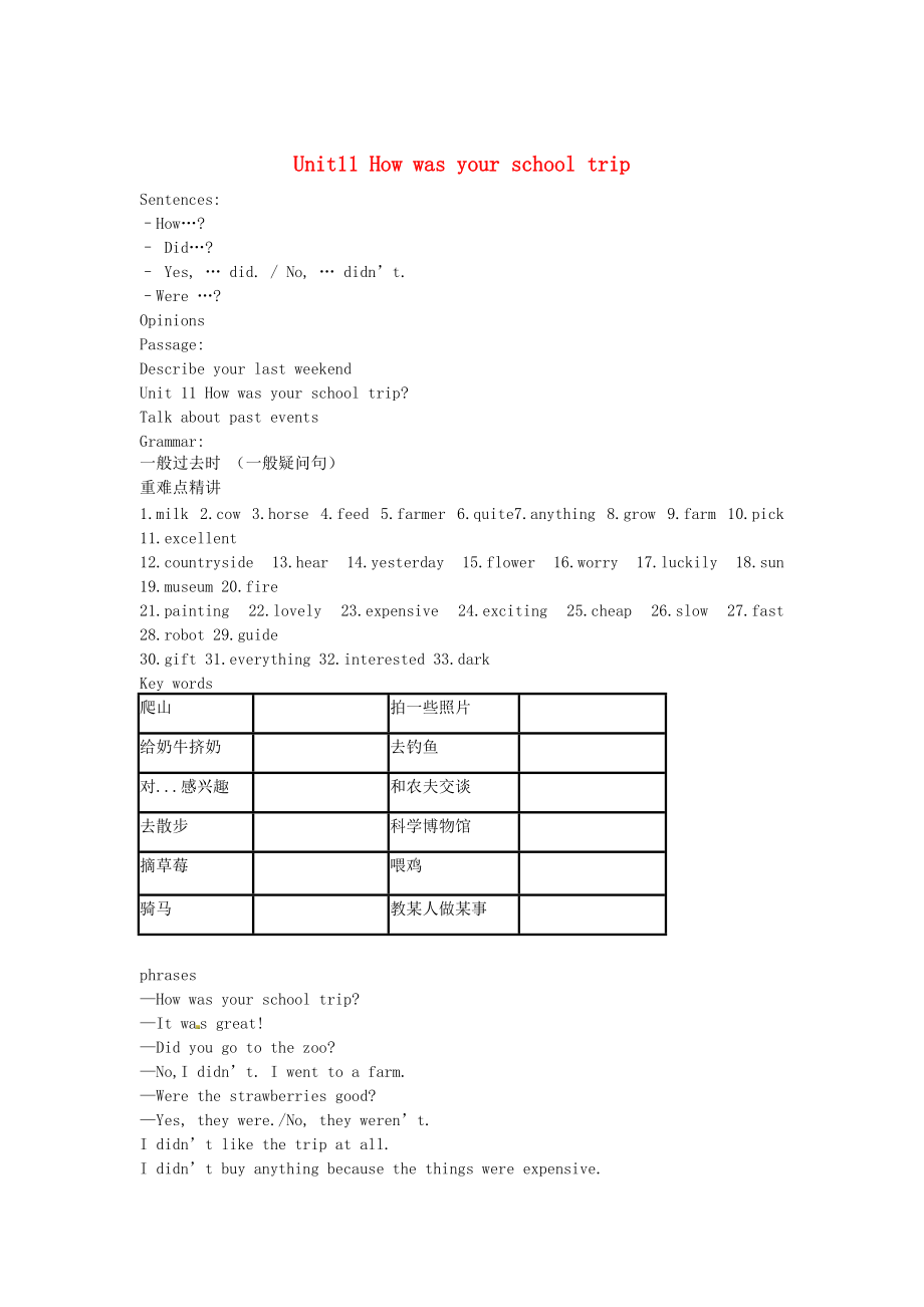 【人教版】七年級下冊：Unit 11 How was your school trip講義含解析_第1頁