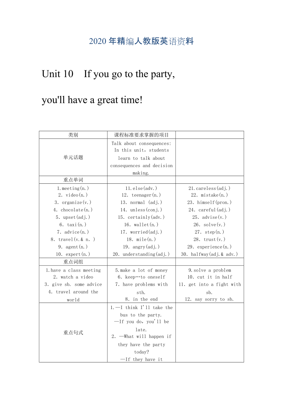 年人教版八年級英語上冊Unit10 If you go to the party you’ll have a great time教案_第1頁