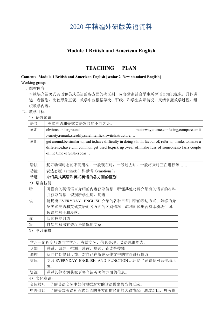 年外研版高中英语必修五：Module 1 教案单元全套_第1页