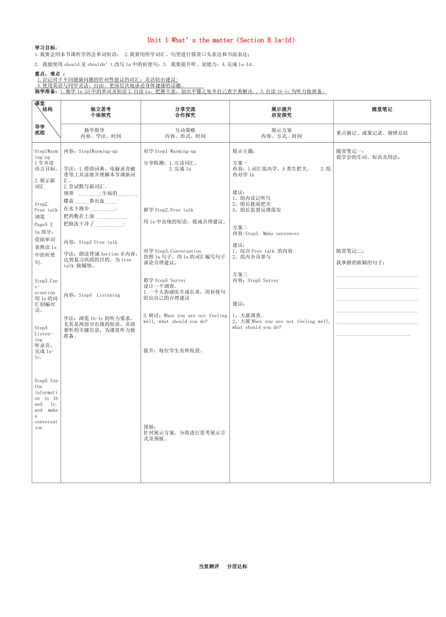 人教版八年級英語下冊 Unit 1 What’s the matterSection B 1a1d導學案_第1頁