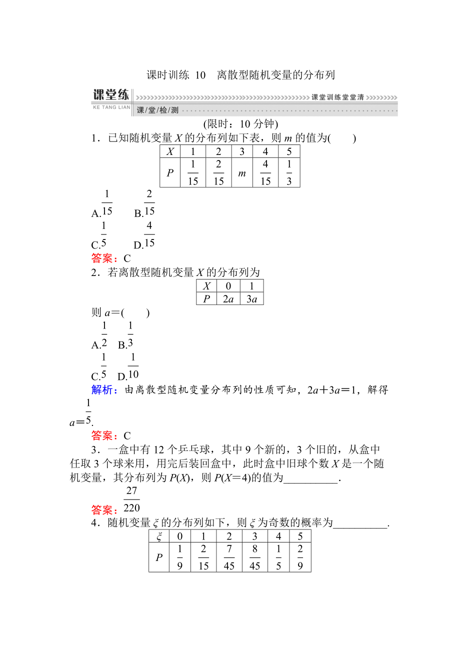 數學人教B版新導學同步選修23課時訓練： 10離散型隨機變量的分布列 Word版含解析_第1頁