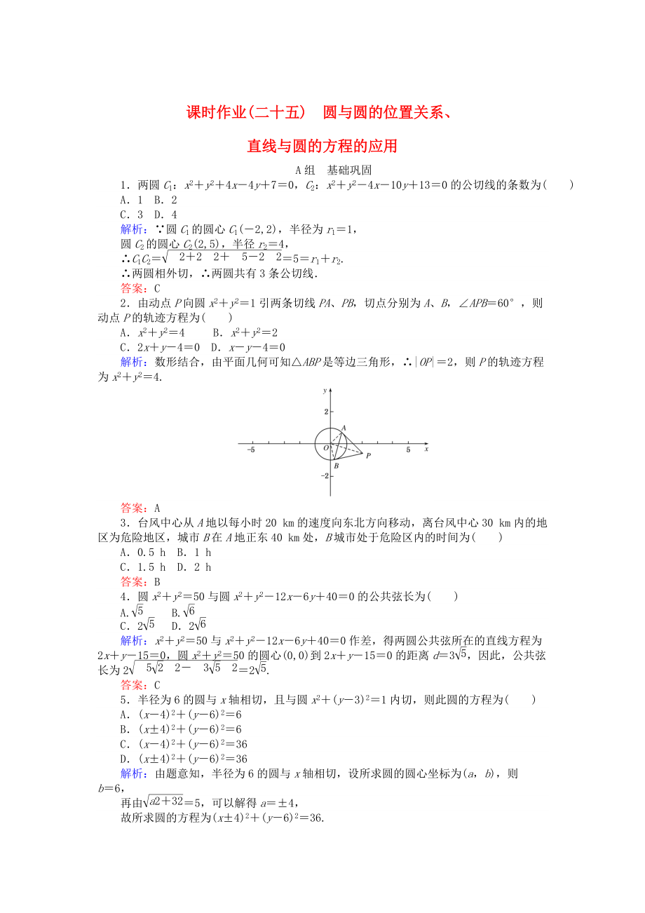 高中數(shù)學(xué) 第4章 第25課時(shí) 圓與圓的位置關(guān)系、直線與圓的方程的應(yīng)用課時(shí)作業(yè) 人教A版必修2_第1頁