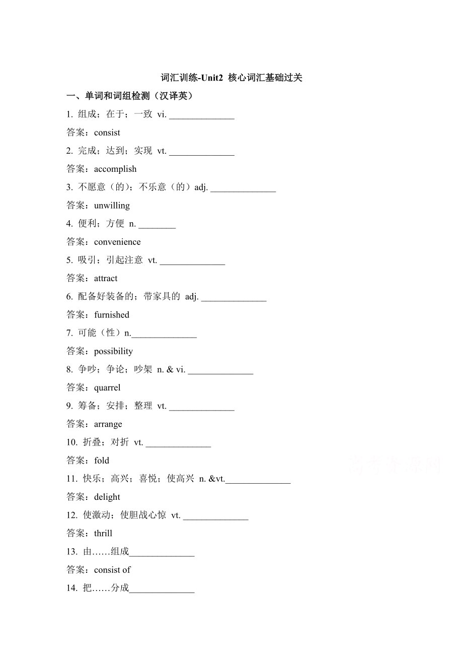 人教版高中英语必修五 Unit2核心词汇基础过关 词汇训练 Word版含答案_第1页