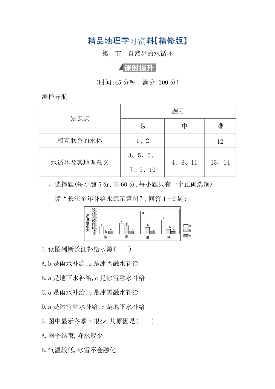 精修版高中地理必修1魯教版山東專用試題：第三章 第一節(jié)　自然界的水循環(huán) Word版含答案_第1頁