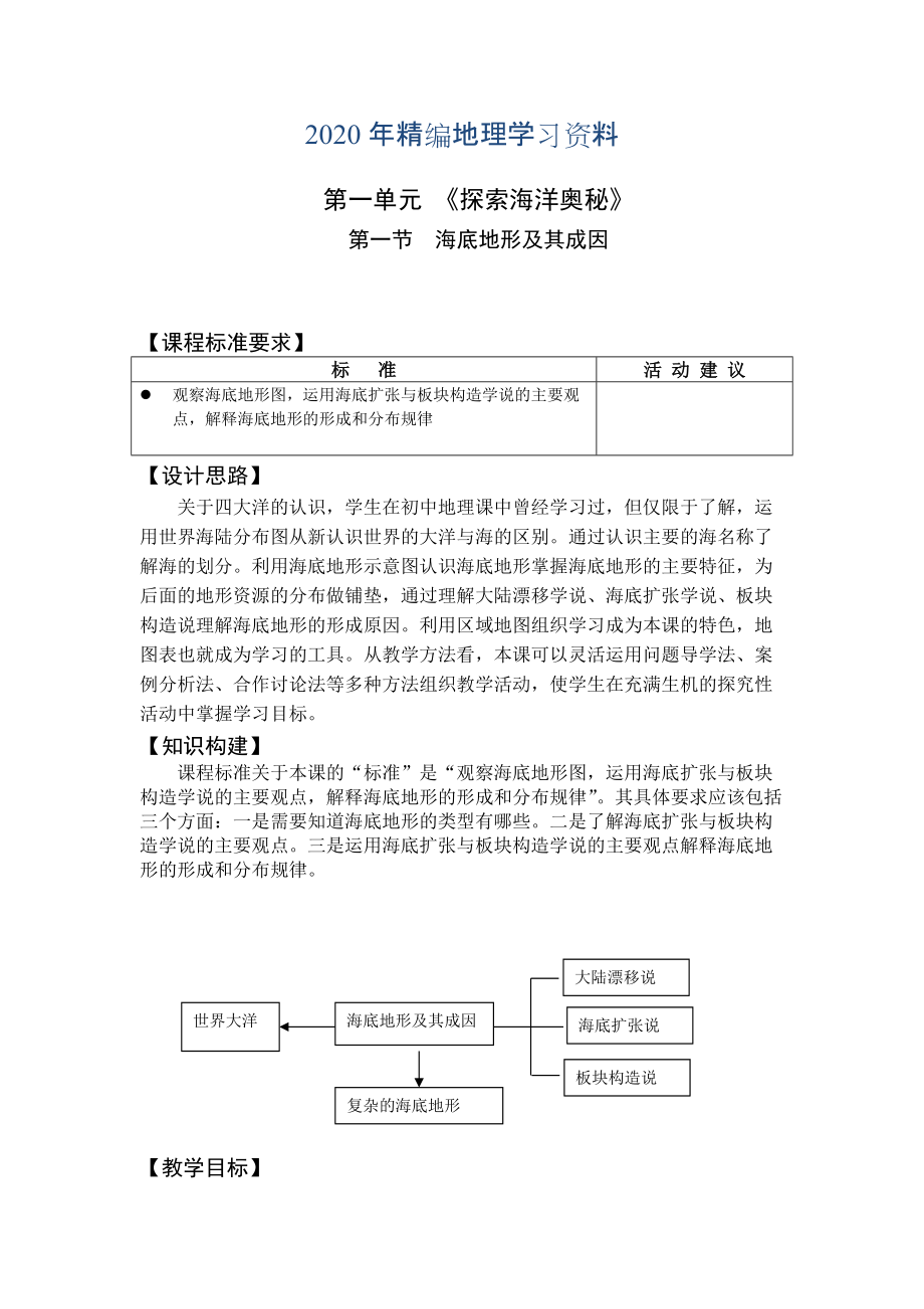 2020年高二魯教版地理選修二海洋地理 1.1海底地形及其成因原創(chuàng)教案_第1頁