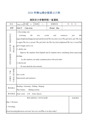 年【湘少版】英語五年級(jí)上冊(cè)：Unit 11 I’m sorry教案