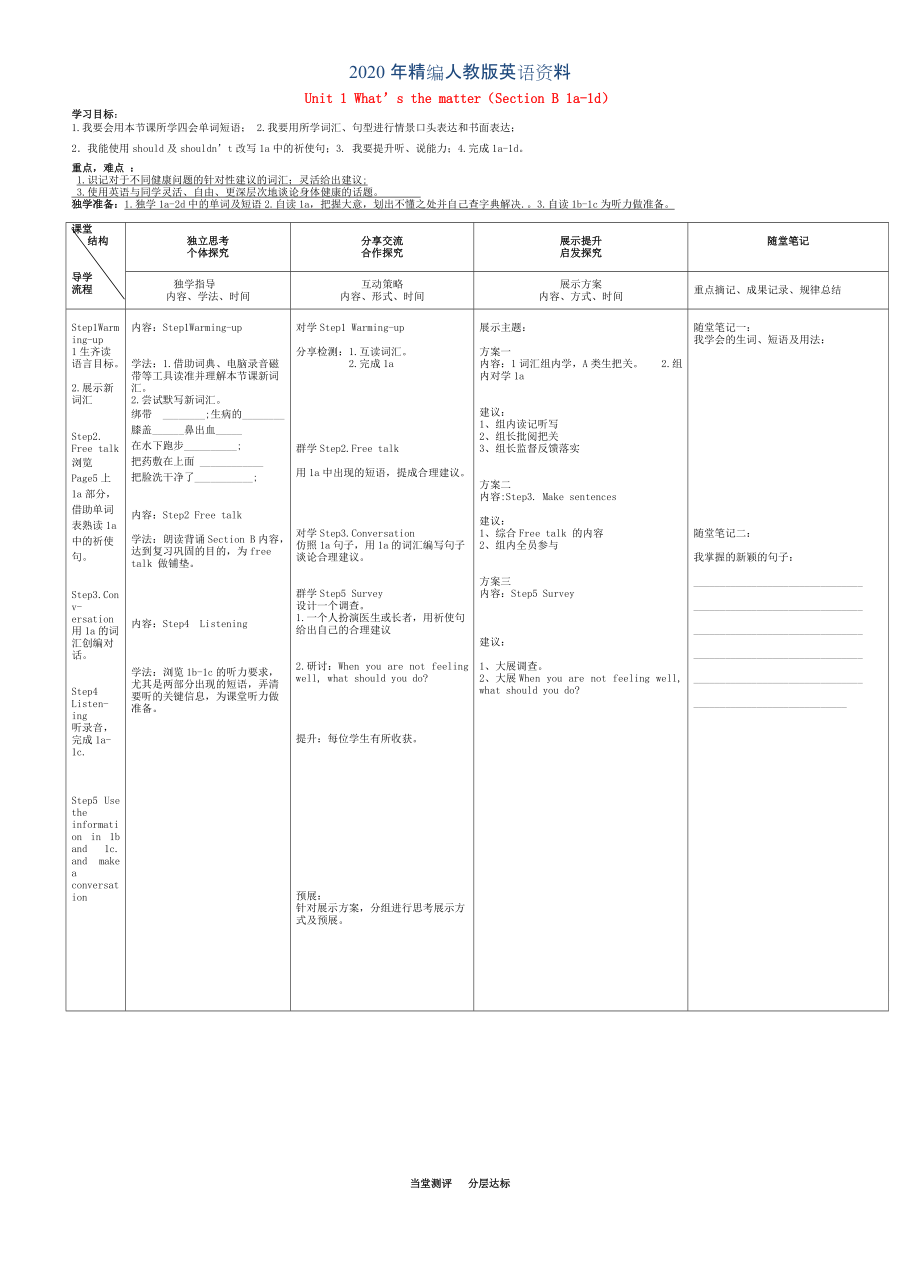 年人教版八年級(jí)英語(yǔ)下冊(cè) Unit 1 What’s the matterSection B 1a1d導(dǎo)學(xué)案_第1頁(yè)