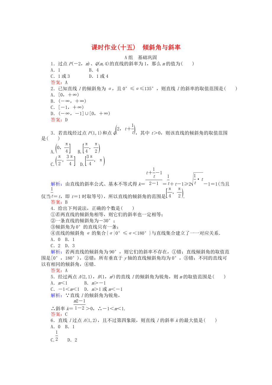 高中數(shù)學(xué) 第3章 第15課時(shí) 傾斜角與斜率課時(shí)作業(yè) 人教A版必修2_第1頁(yè)