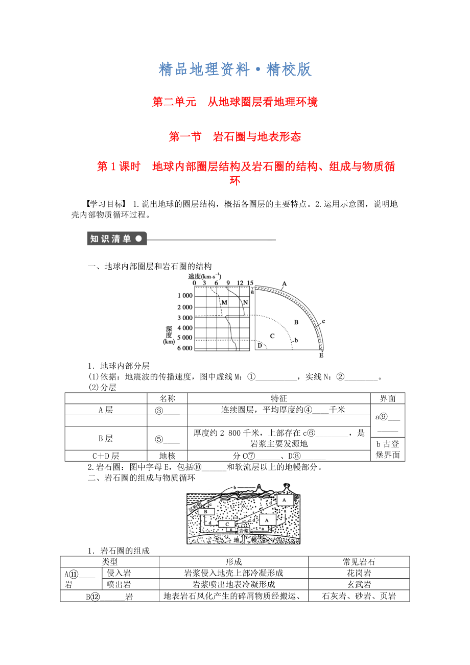 精校版高中地理 第二單元 第1節(jié) 第1課時(shí) 地球內(nèi)部圈層結(jié)構(gòu)及巖石圈的結(jié)構(gòu)、組成與物質(zhì)循環(huán)課時(shí)作業(yè) 魯教版必修1_第1頁(yè)