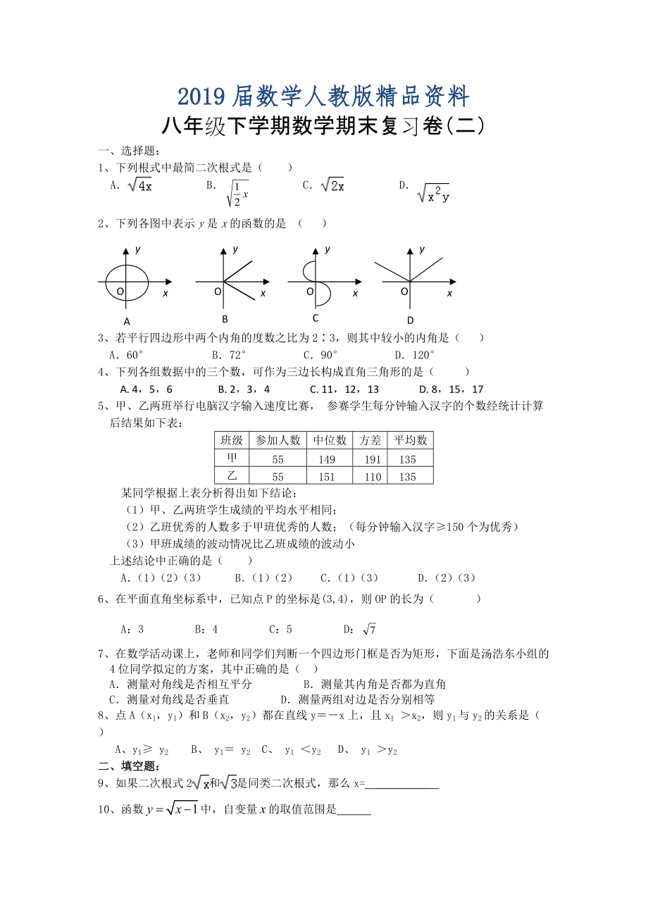 人教版八年级下数学期末复习试题【2】_第1页