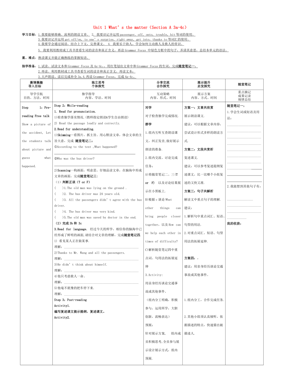 人教版八年級英語下冊 Unit 1 What’s the matterSection A 3a4c導(dǎo)學(xué)案_第1頁