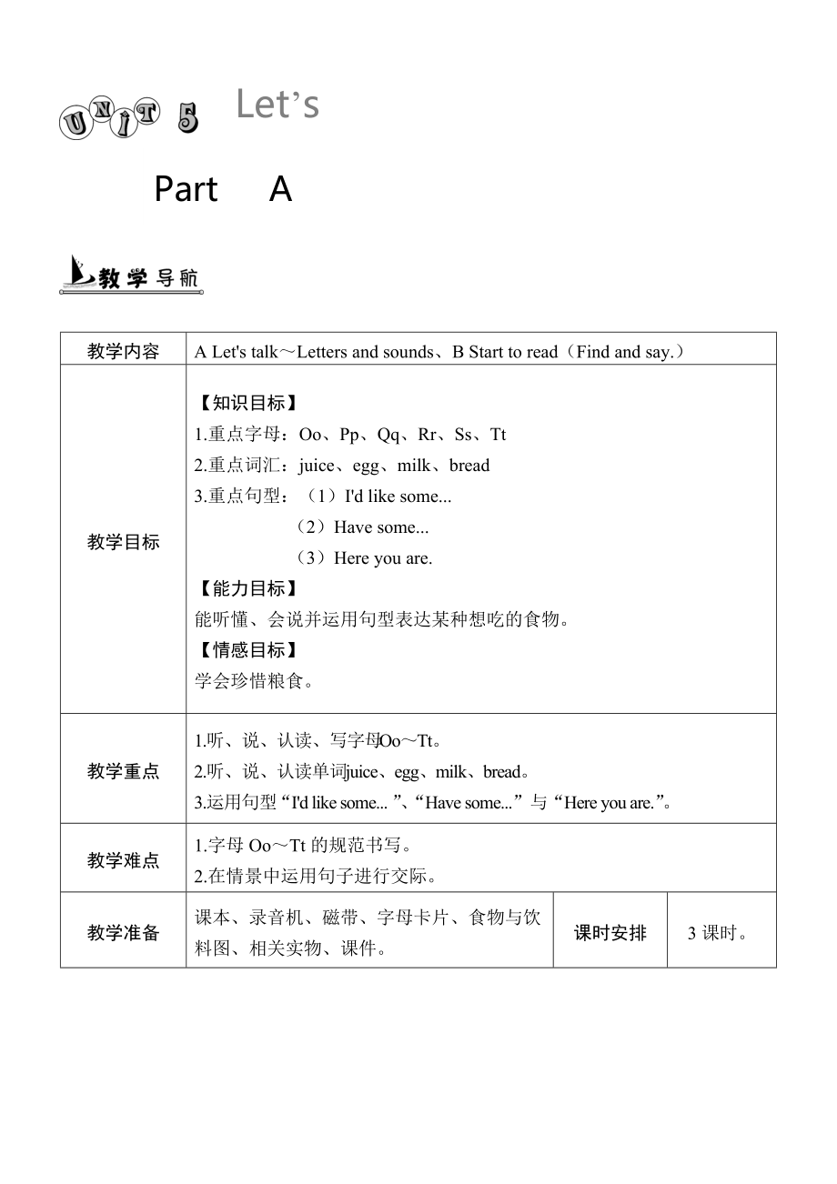 【人教版】英語(yǔ)三年級(jí)上冊(cè)：全冊(cè)配套教案設(shè)計(jì)Unit 5 單元教案 1_第1頁(yè)