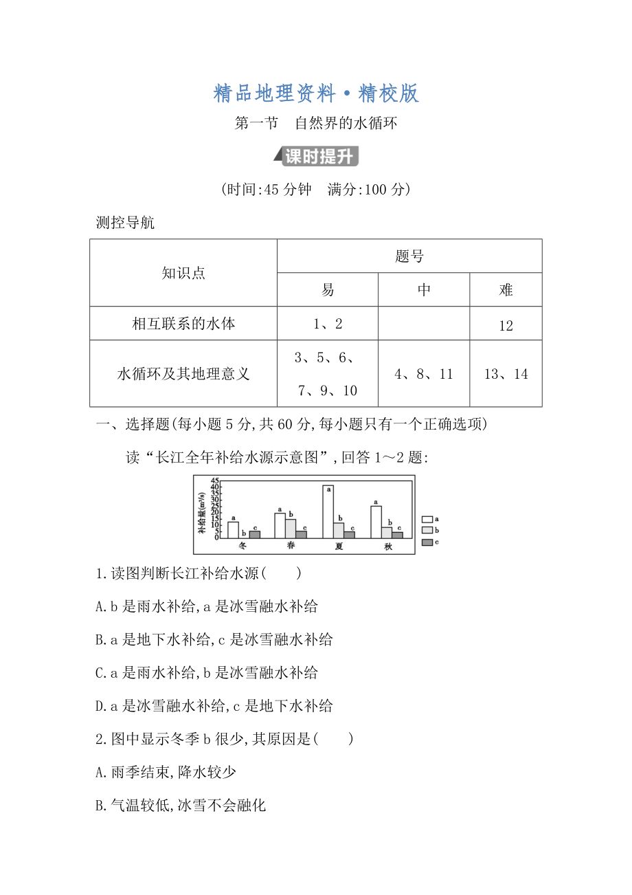 精校版高中地理必修1魯教版山東專用試題：第三章 第一節(jié)　自然界的水循環(huán) Word版含答案_第1頁