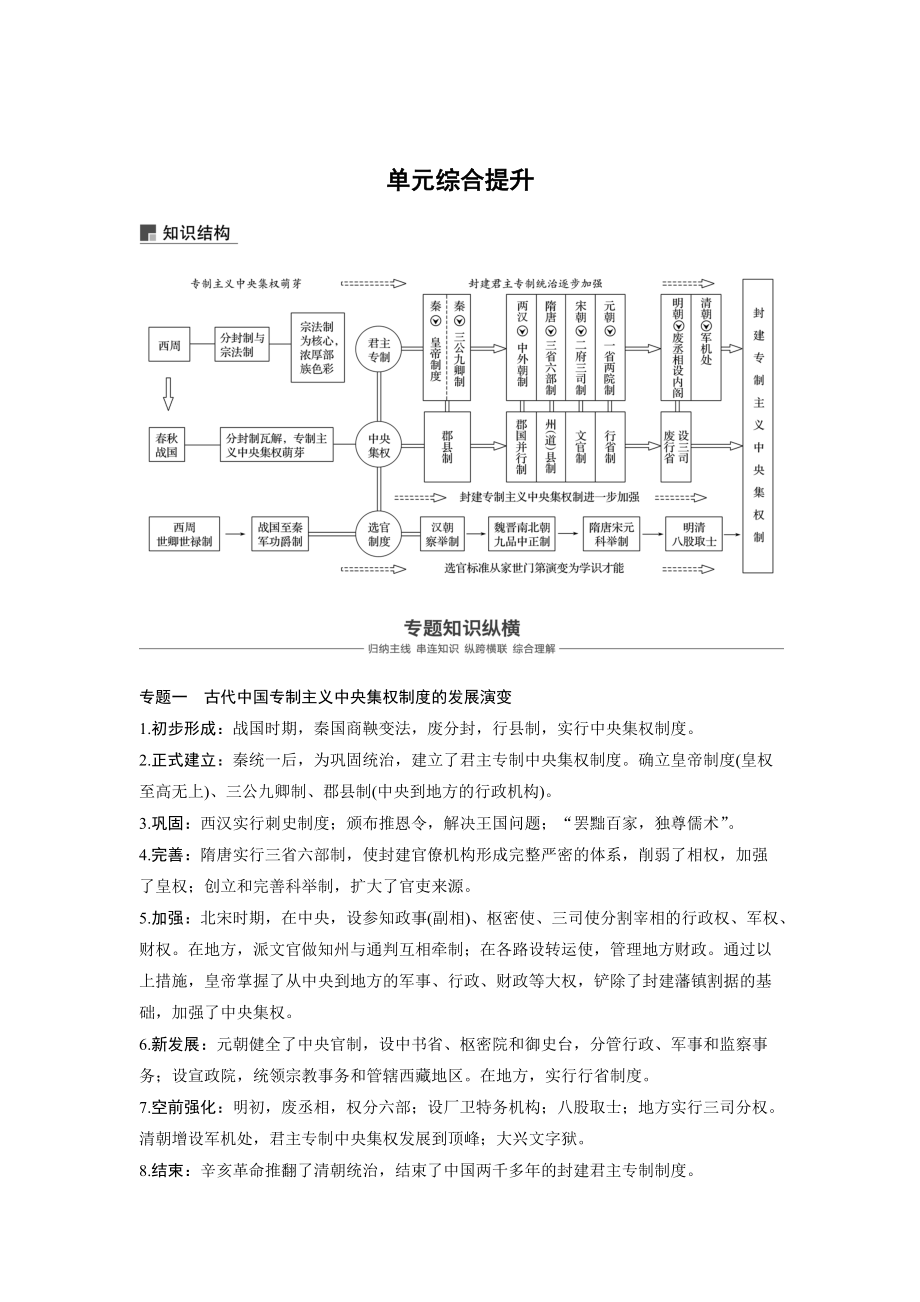 高考?xì)v史人教版：必修1 第一單元古代中國的政治制度 單元綜合提升 含答案_第1頁