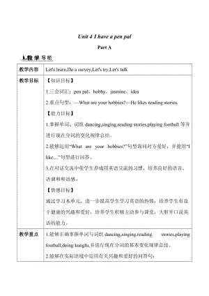 【人教版】六年級上冊英語：教案全集Unit 4 單元教案 1