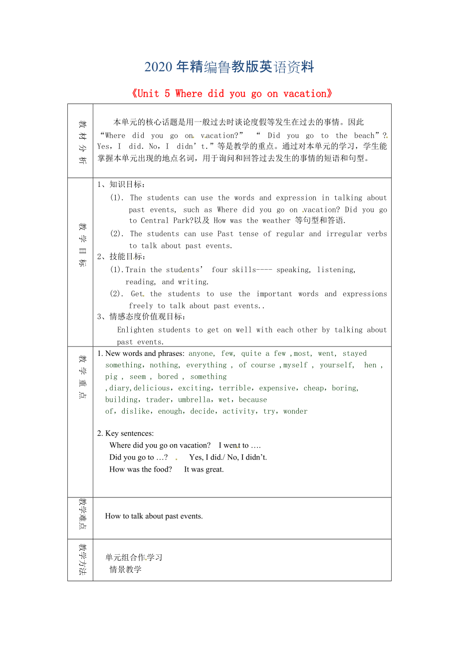 年山东省淄博市七年级英语上册Unit5Wheredidyougoonvacation单元备课教案鲁教版五四制_第1页