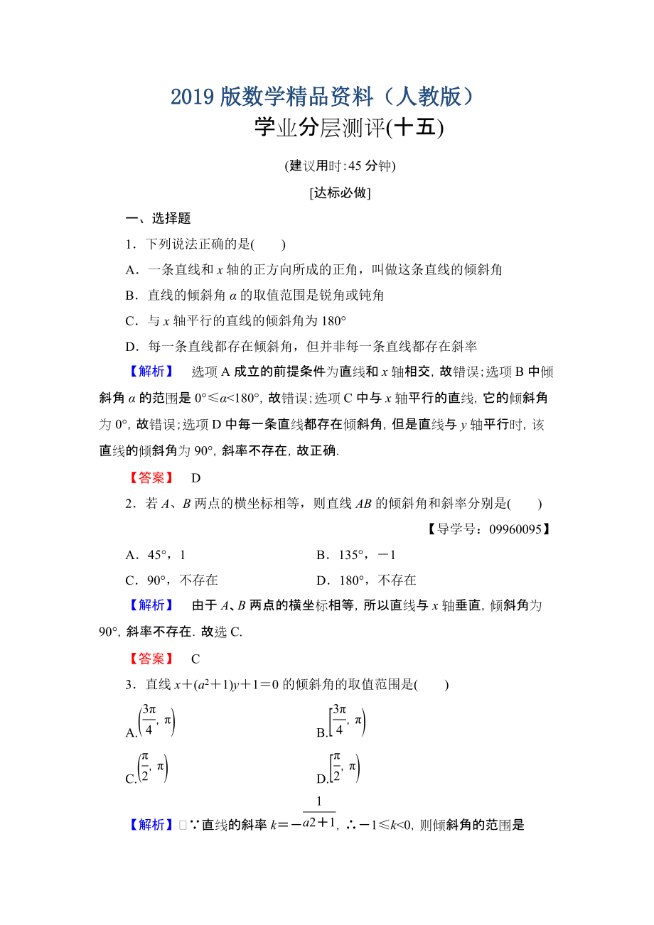 高一數(shù)學(xué)人教A版必修2學(xué)業(yè)分層測評15 傾斜角與斜率 含解析_第1頁