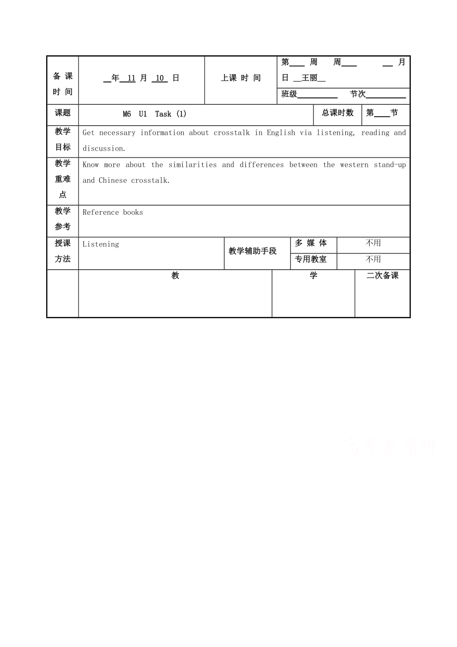 江蘇省徐州市高中英語選修六M6 U1 Task1教案_第1頁