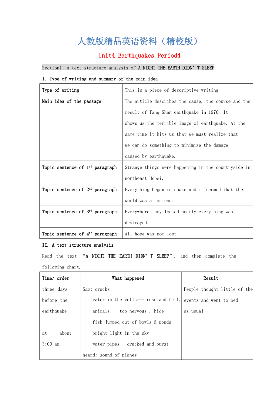 【精校版】湖南省師范大學(xué)附屬中學(xué)高中英語 Unit4 Earthquakes Period4教案 人教版必修1_第1頁