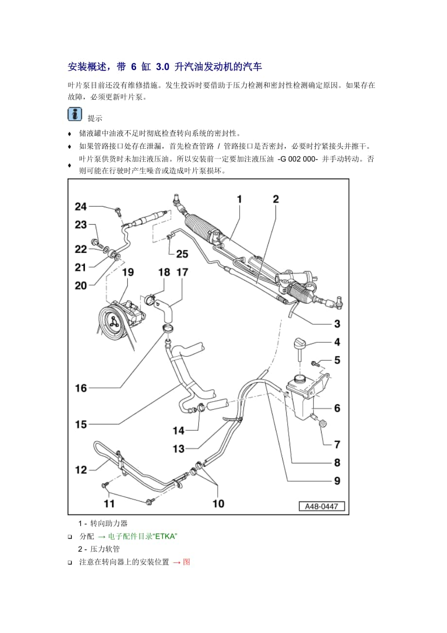 新奧迪A6L C6維修資料：安裝概述帶 6 缸 3.0 升汽油發(fā)動(dòng)機(jī)的汽車_第1頁(yè)