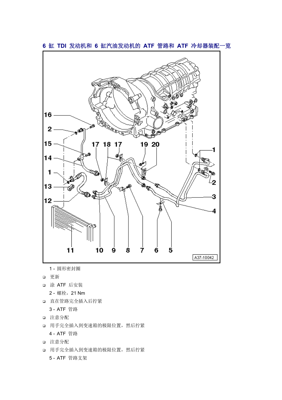 新奧迪A6L C6維修資料：ATF 管路和 ATF 冷卻器裝配一覽_第1頁