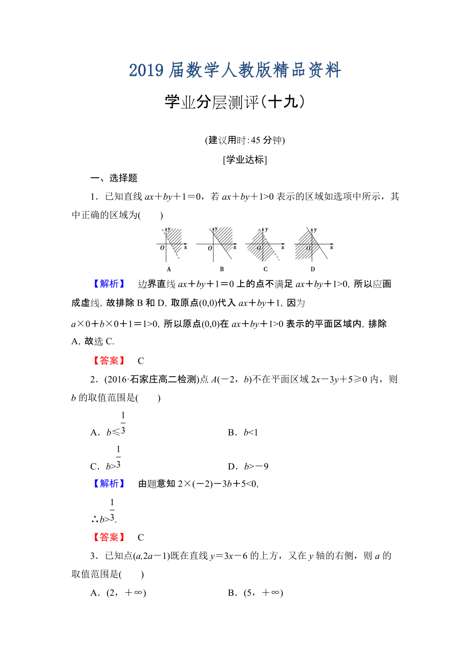 高中數(shù)學(xué)人教A必修5學(xué)業(yè)分層測(cè)評(píng)19 二元一次不等式組與平面區(qū)域 含解析_第1頁(yè)