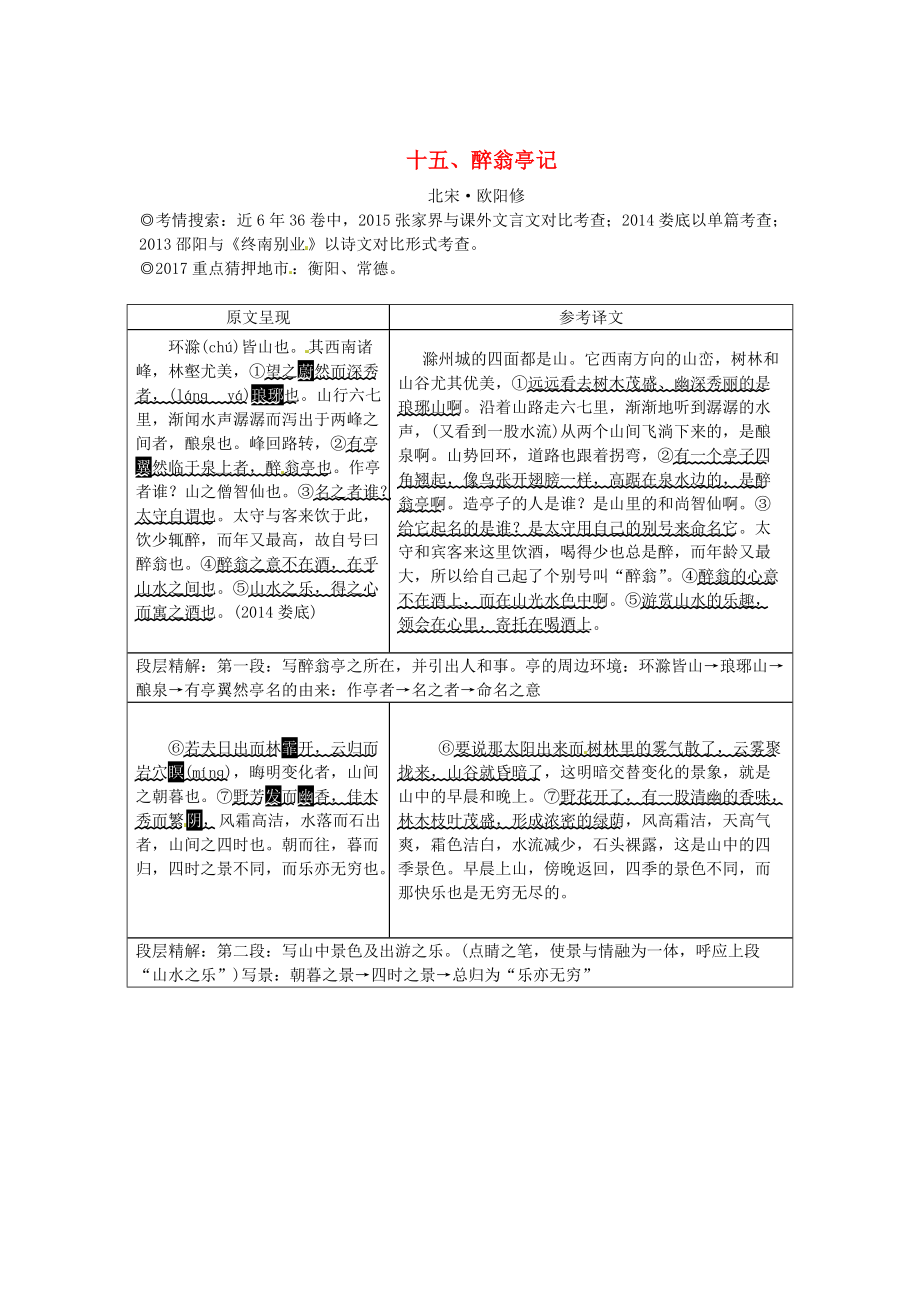 湖南中考語文 古詩文閱讀專題一文言文閱讀十五醉翁亭記素材語文版_第1頁