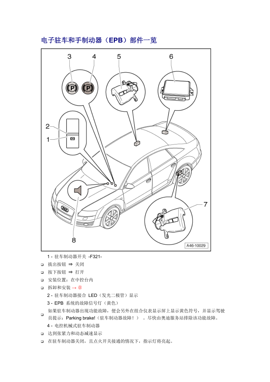 新奧迪A6L C6維修資料：電子駐車和手制動器（EPB）部件一覽_第1頁