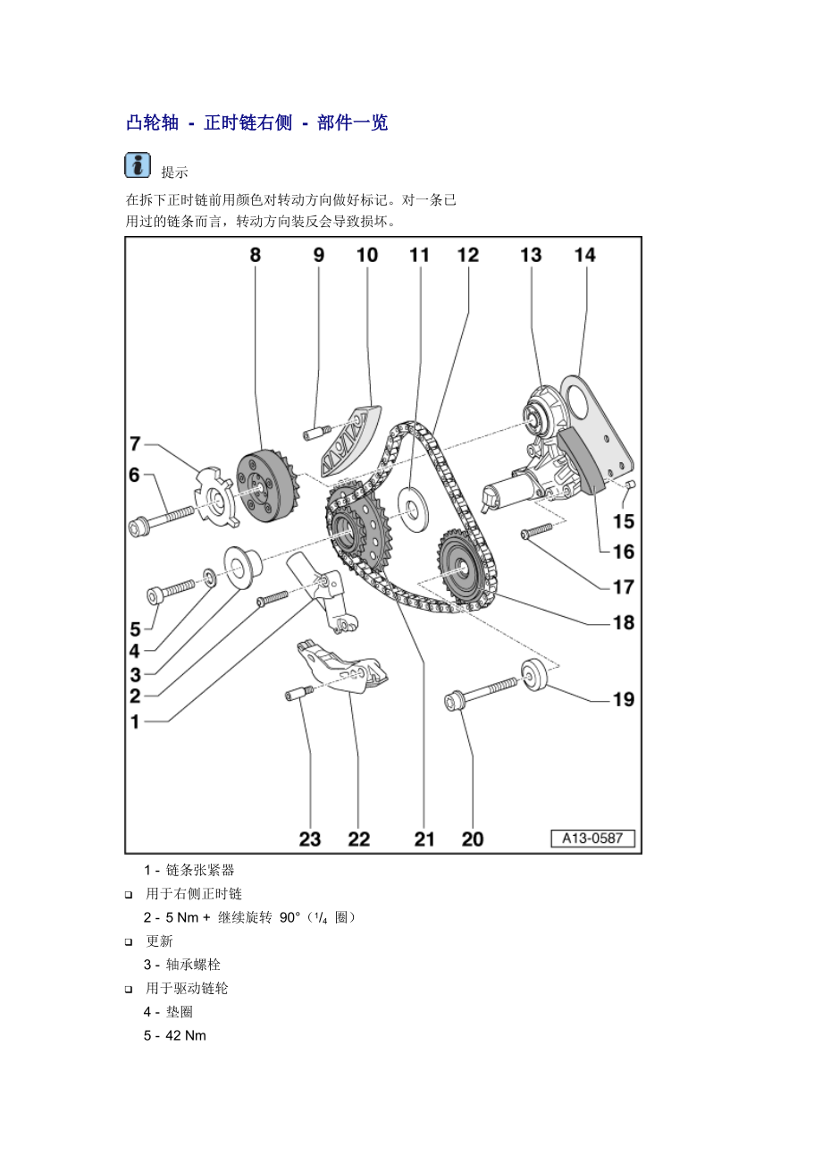 新奧迪A6L C6維修資料：凸輪軸 - 正時鏈右側(cè) - 部件一覽_第1頁