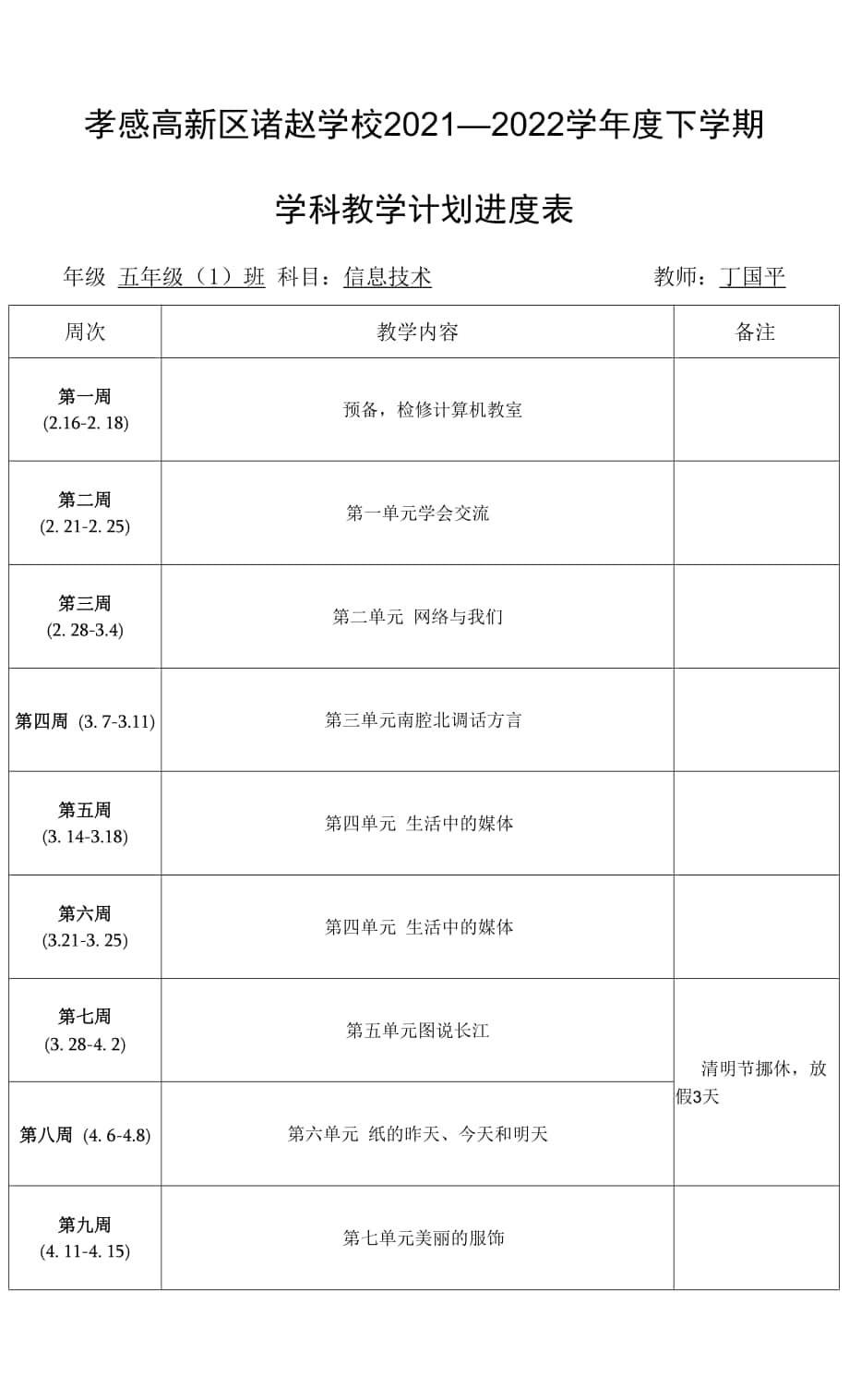 诸赵学校2021-2022下学期学科教学计划进度表（五年级信息技术）.docx_第1页