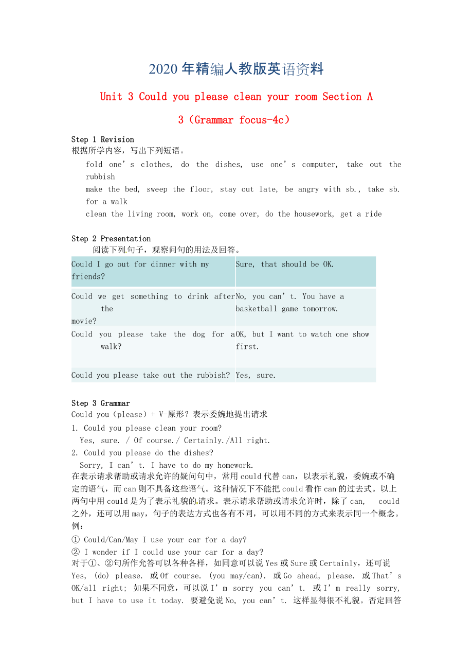 【人教版新目标】八年级英语下册Unit 3 Could you please clean your room Section A 3Grammar focus4c_第1页