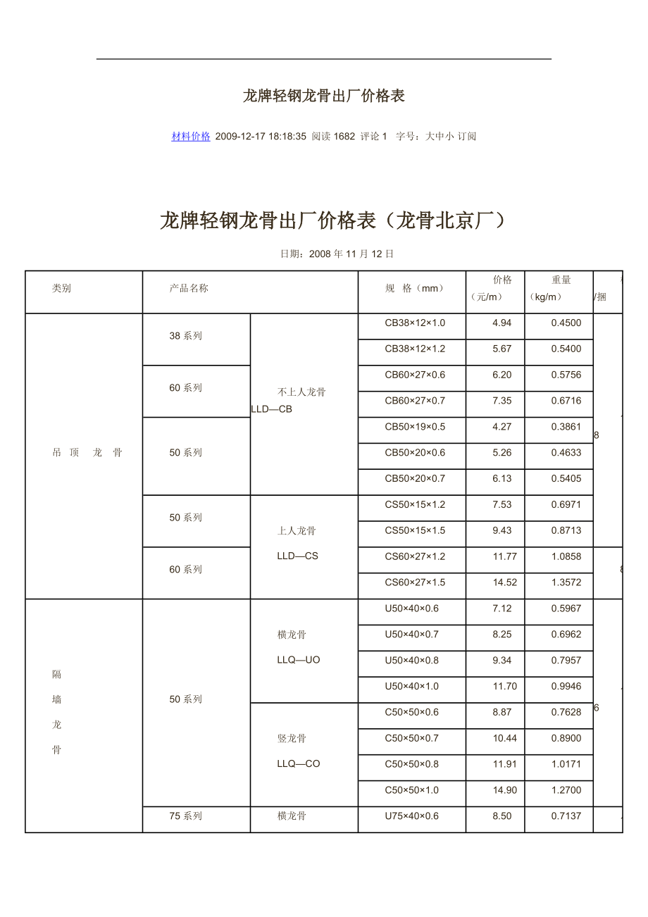 龙牌轻钢龙骨出厂价格表龙骨北京厂