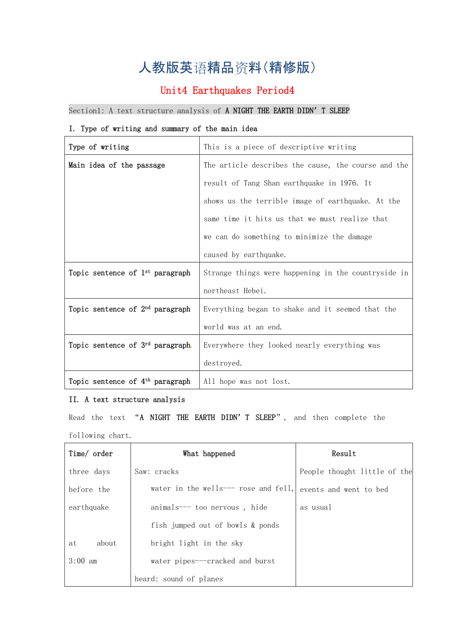 湖南省師范大學(xué)附屬中學(xué)高中英語 Unit4 Earthquakes Period4教案 人教版必修1精修版_第1頁